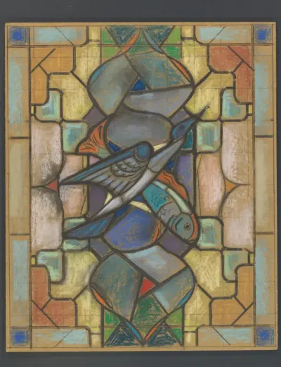 Ontwerp voor een glas in loodraam met een vogel en vis
