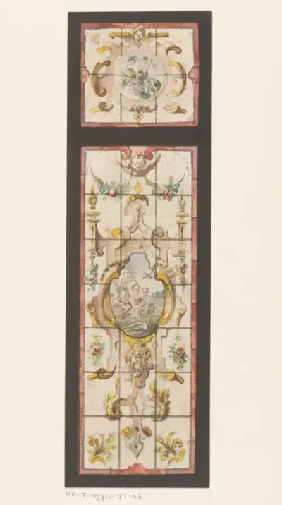 Ontwerp voor een glas in loodraam met putto in een cartouche