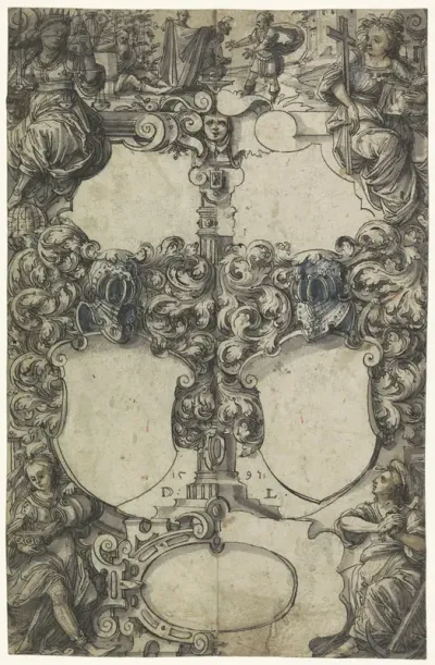 Ontwerp voor een glasraam met de vier deugden en twee lege wapenschilden; bovenaan de dronkenschap van Noach