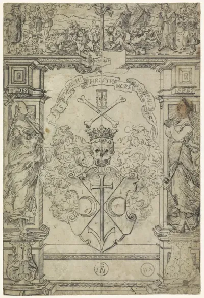 Ontwerp voor een glasraam met een wapen, de figuren Fides en Spes, en Mozes en de koperen slang