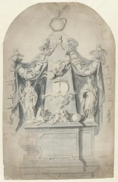 Ontwerp voor een grafmonument met Justitia, Fama en Abundantia