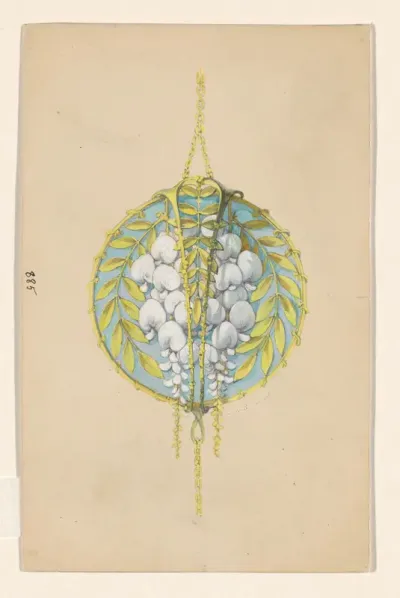 Ontwerp voor een hanger met bloemtakken van de witte wisteria, van geëmailleerd goud