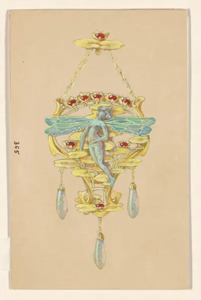Ontwerp voor een hanger met een vrouw met libellenvleugels, van goud, robijnen, opalen en email