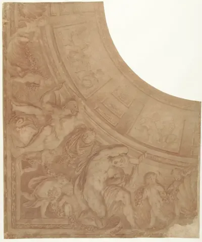 Ontwerp voor een hoekstuk van een plafond met figuren, putti en buste van een man