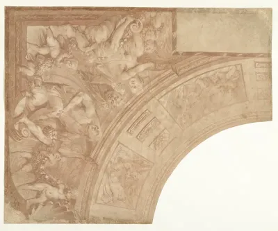 Ontwerp voor een hoekstuk van een plafond met zittende figuren, putti en buste van een sater