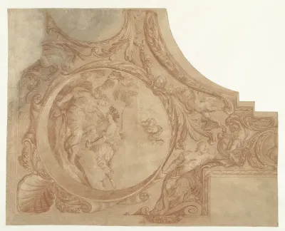 Ontwerp voor een hoekstuk van plafond met Jupiter als Diana met Callisto