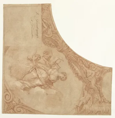 Ontwerp voor een hoekstuk van plafond met personificatie van de Gerechtigheid