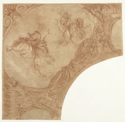 Ontwerp voor een hoekstuk van plafond met personificatie van de Voorzichtigheid