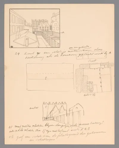 Ontwerp voor een illustratie met gevels van gebouwen om een binnenplaats