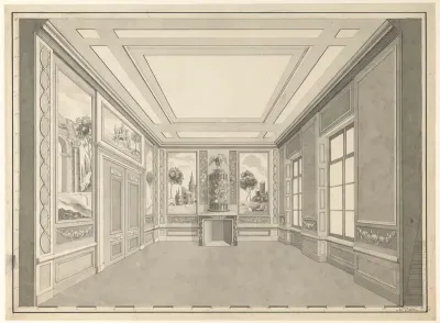 Ontwerp voor een interieur met wandschilderingen en schouw