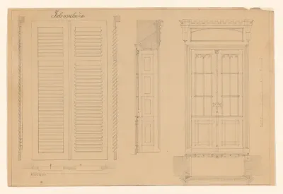 Ontwerp voor een jaloezievenster en een dubbele deur in gothische stijl, met zijaanzichten en plattegronden