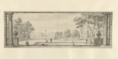 Ontwerp voor een kamerbehangsel met gezicht in een park
