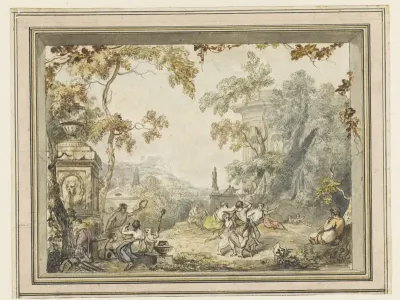 Ontwerp voor een kamerbeschildering: idyllisch-arcadisch landschap met klassieke gebouwen