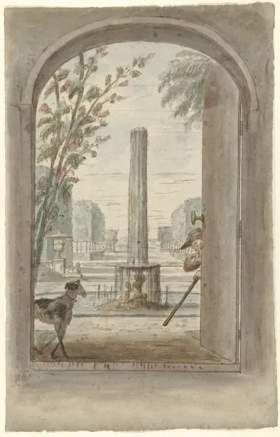Ontwerp voor een kamerbeschildering met gezicht door een openstaande deur in een tuin met fontein
