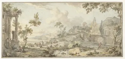 Ontwerp voor een kamerbeschildering met zuidelijk kustlandschap en piramide