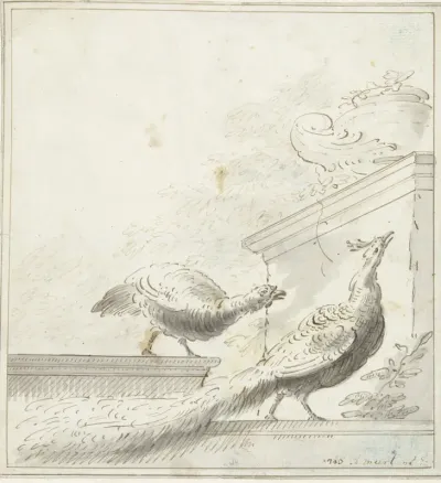 Ontwerp voor een kamerversiering met pauwen op een balustrade