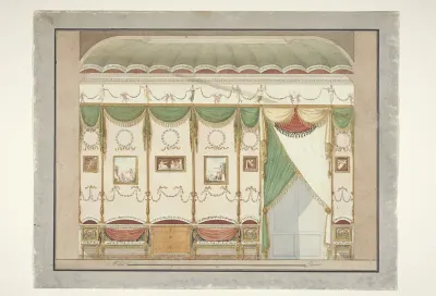 Ontwerp voor een kamerwand met schilderingen, draperieën en meubelen
