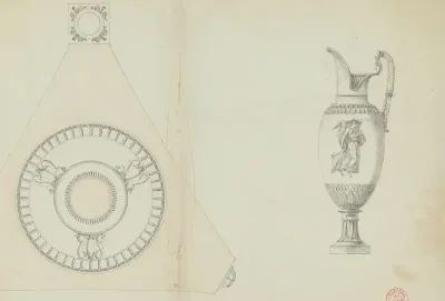 Ontwerp voor een kan en een schaal, de laatste geplaatst in de driehoekige bovenzijde van een houten standaard