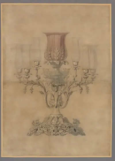 Ontwerp voor een kandelaber met glazen coupes en kappen
