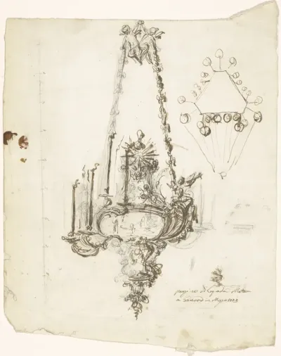 Ontwerp voor een kerklamp met rechtsboven een doorsnede van het bovenaanzicht