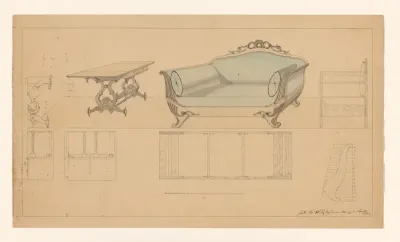 Ontwerp voor een klaptafel en een canapé, beide met zijaanzicht en plattegronden, en detail van een leuning van de canapé