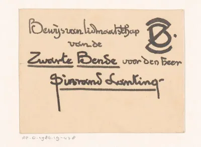 Ontwerp voor een lidmaatschapsbewijs van de Zwarte Bende