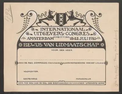 Ontwerp voor een lidmaatschapsbewijs voor het Internationaal Uitgevers-congres in 1910