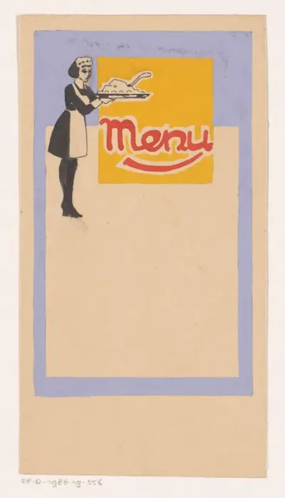 Ontwerp voor een menukaart met een serveerster met schaal
