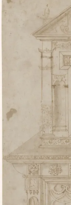 Ontwerp voor een met marmeren plaatjes ingelegde, met beeldhouwwerk versierde kast (linkerhelft)