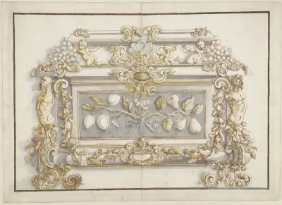 Ontwerp voor een met pietre dure panelen ingelegd met verguld brons gemonteerd kistje