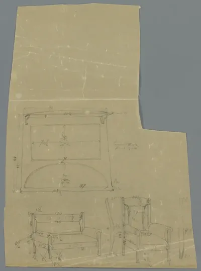 Ontwerp voor een meubel met spiegel, een bank en een stoel