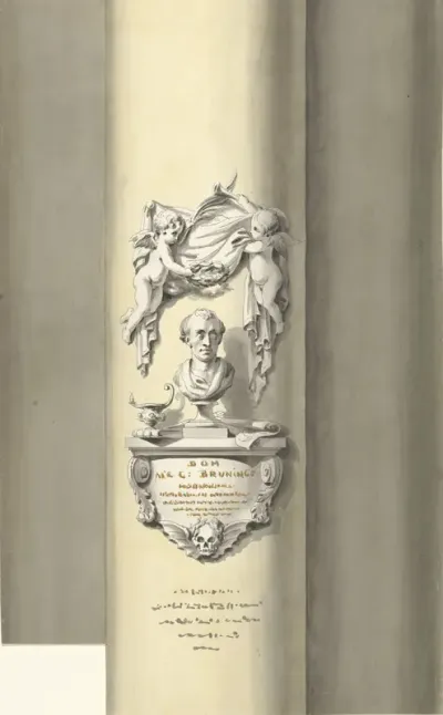 Ontwerp voor een monument voor C. Brunings: een borstbeeld met putti