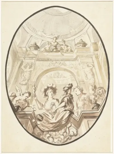 Ontwerp voor een plafondschildering met allegorische figuren op een balustrade