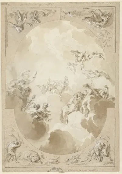 Ontwerp voor een plafondschildering met de apotheose van Hercules en vier van zijn werken