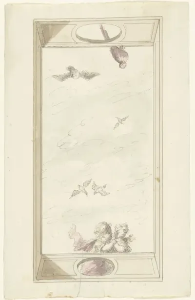 Ontwerp voor een plafondschildering met een balustrade met putti en vogels