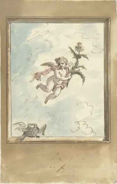 Ontwerp voor een plafondschildering met een putto en twee tortelduiven