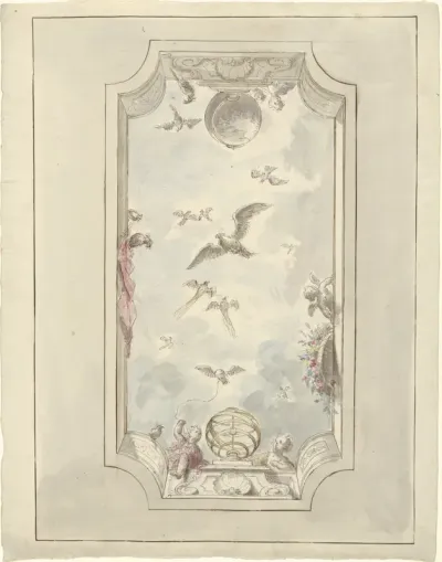 Ontwerp voor een plafondschildering met gezicht langs balustrade in de lucht met vogels