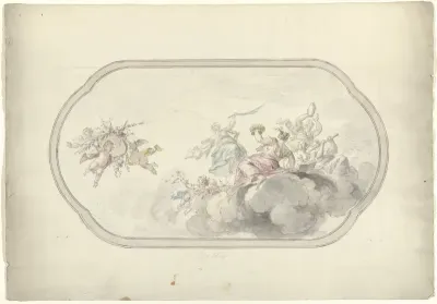 Ontwerp voor een plafondschildering met musicerende vrouwen en putti met bloemenmand als allegorie op Blijdschap