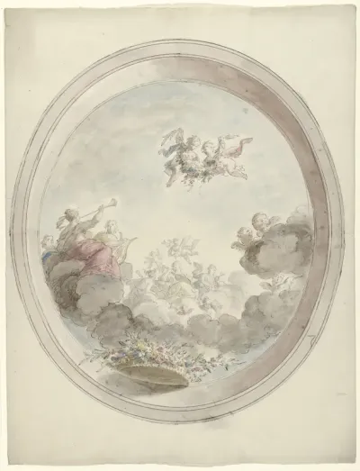 Ontwerp voor een plafondschildering met musicerende vrouwen op wolken