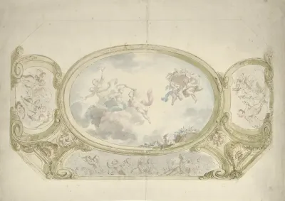 Ontwerp voor een plafondschildering: ovaal met allegorische voorstelling, omringd door scènes met putti