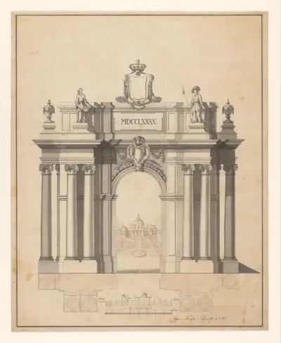 Ontwerp voor een poort voor een tuin met een paviljoen, met eronder een plattegrond