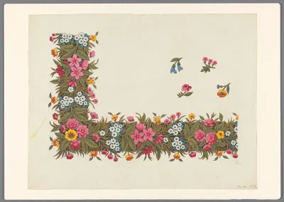 Ontwerp voor een rand van bladeren en bloemen van een gedrukte stof, met enkele losse bloemen in het veld