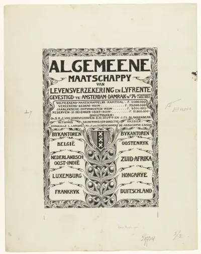 Ontwerp voor een reclame voor de Algemeene Maatschappij van Levensverzekering en Lijfrente te Amsterdam