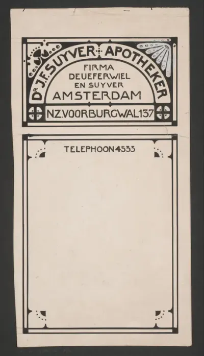 Ontwerp voor een rekeningblaadje van Dr. J.F. Suyver, apotheker te Amsterdam