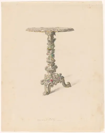 Ontwerp voor een ronde porseleinen tafel op een voet met bloemen en een vogel