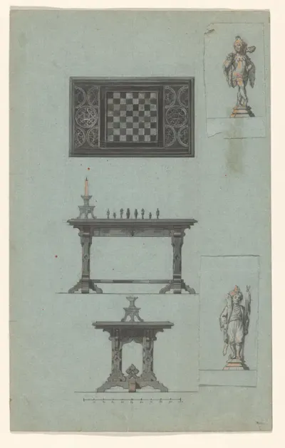 Ontwerp voor een schaaktafel met een kandelaar, met daarop twee ontwerpen voor schaakstukken geplakt