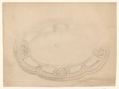 Ontwerp voor een schaal met rietpluimen en schelpen in de rand