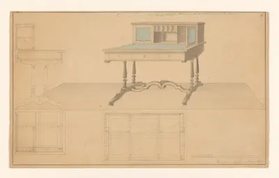 Ontwerp voor een schrijftafel met opstand, met zijaanzicht en plattegronden onder beide aanzichten