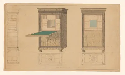 Ontwerp voor een secretaire, zij-, driekwart en frontaal aanzicht, met daaronder plattegronden