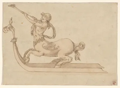 Ontwerp voor een slede in de vorm van een hoornblazende centaur